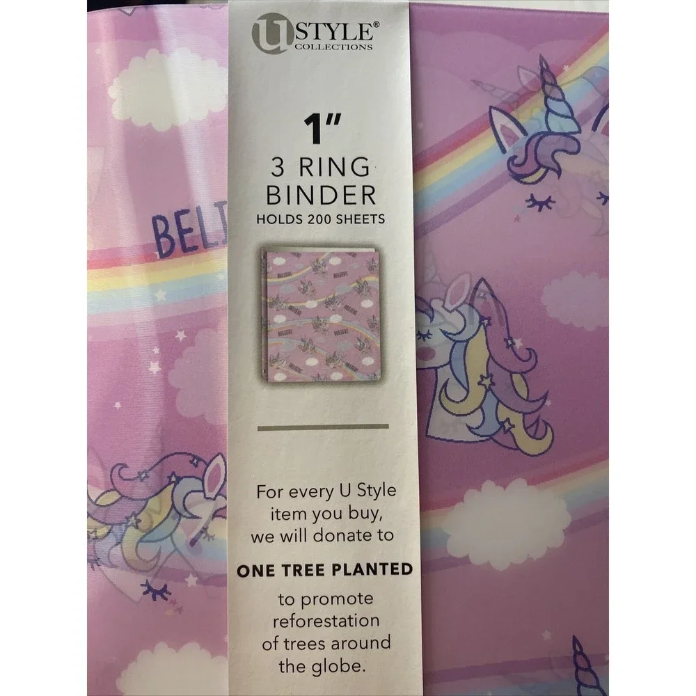 U Style Collection 1.in 3 Ring Pink Binder Hologram Unicorns 